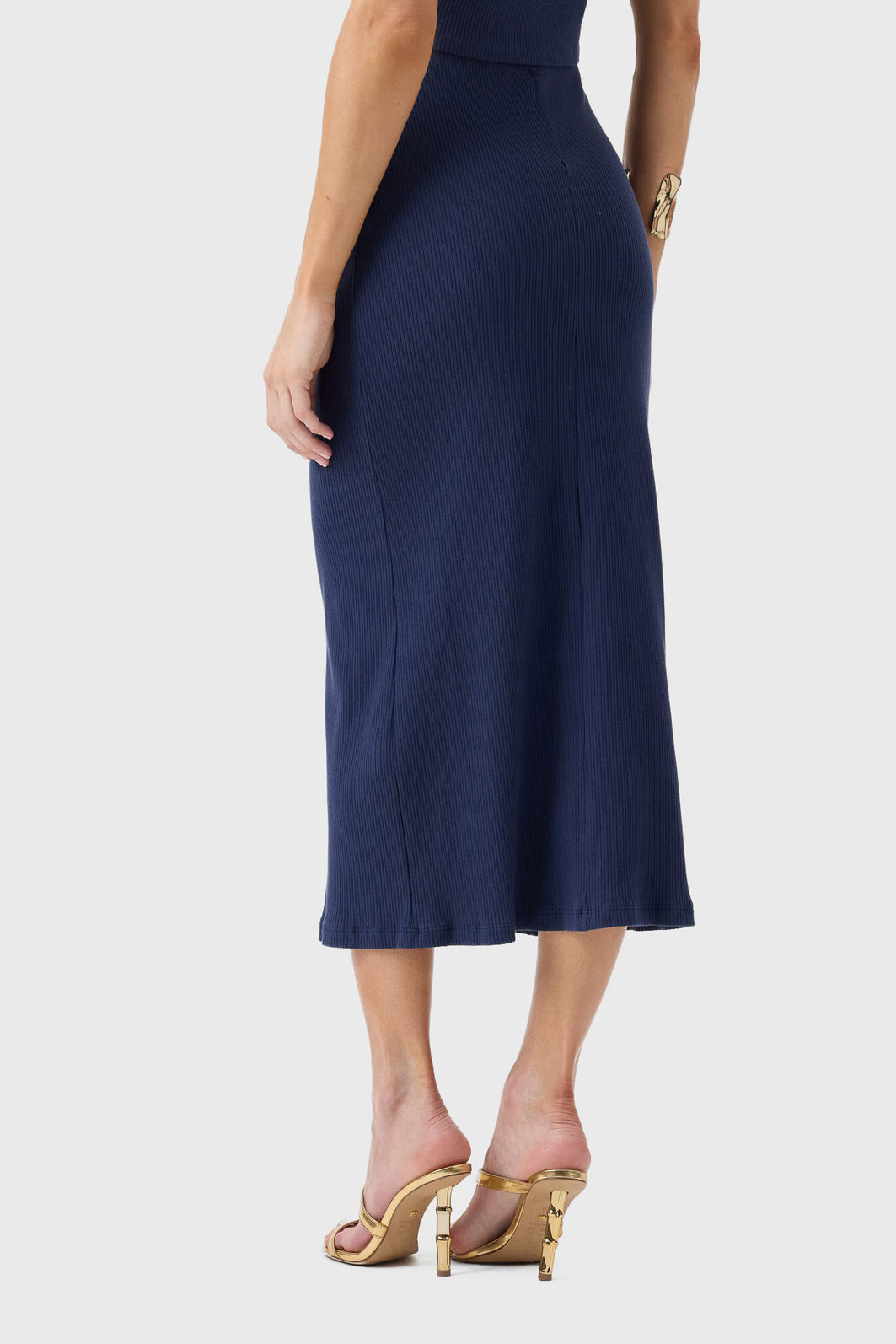 Saia Midi Flor de Lis Algodão Elastano Canelada Lisa Azul