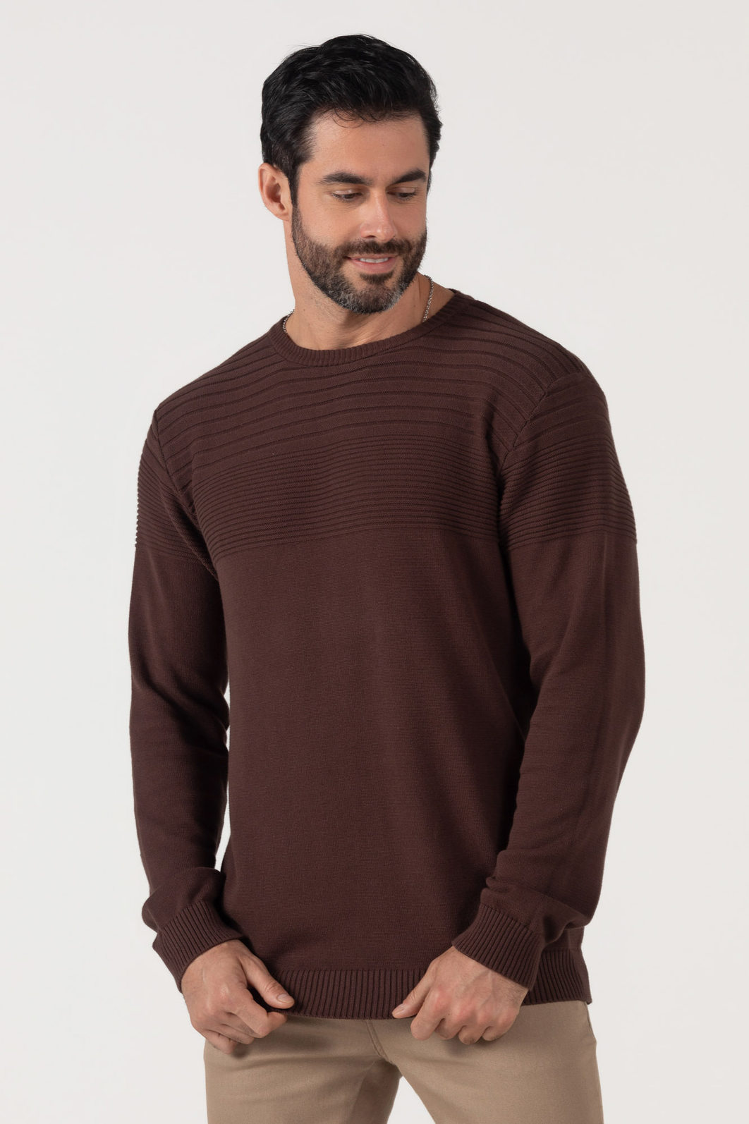 Blusa Suéter Dlz Tricô Algodão Manga Longa Liso Recortes Linhas Aplicação Logo Marrom