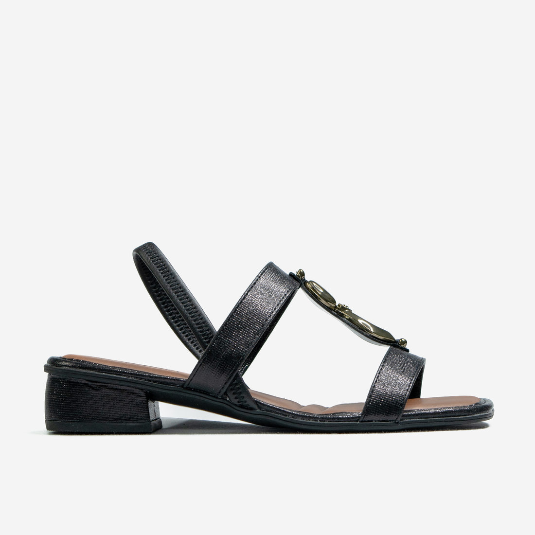 Sandália Mississipi Brilho Tira Aplicação Metal Geométrica Posterior Elástico Salto Rasteira Preto