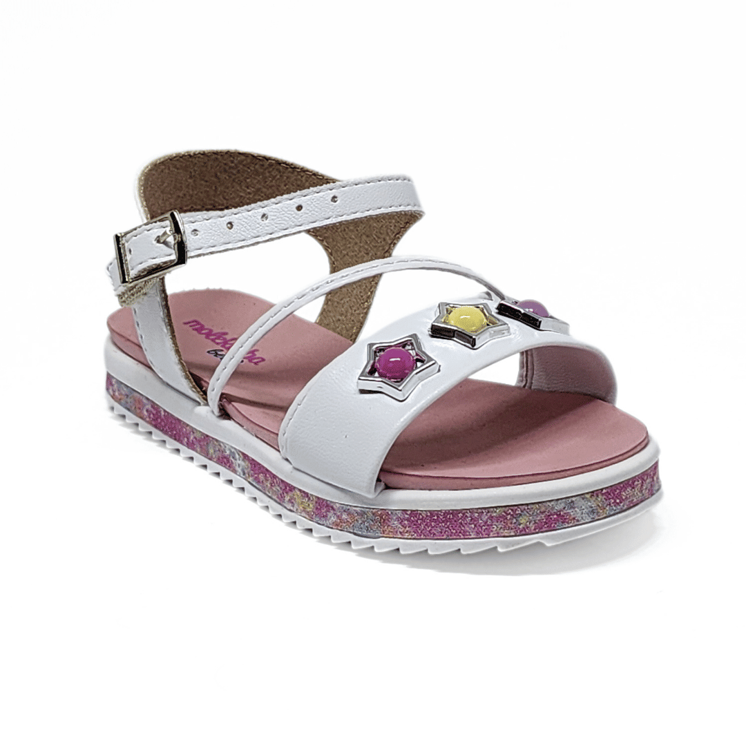 Sandália Papete Molekinha Cabedal Detalhe Estrelas Tiras Transpassada Solado Colorido Branco e Rosa