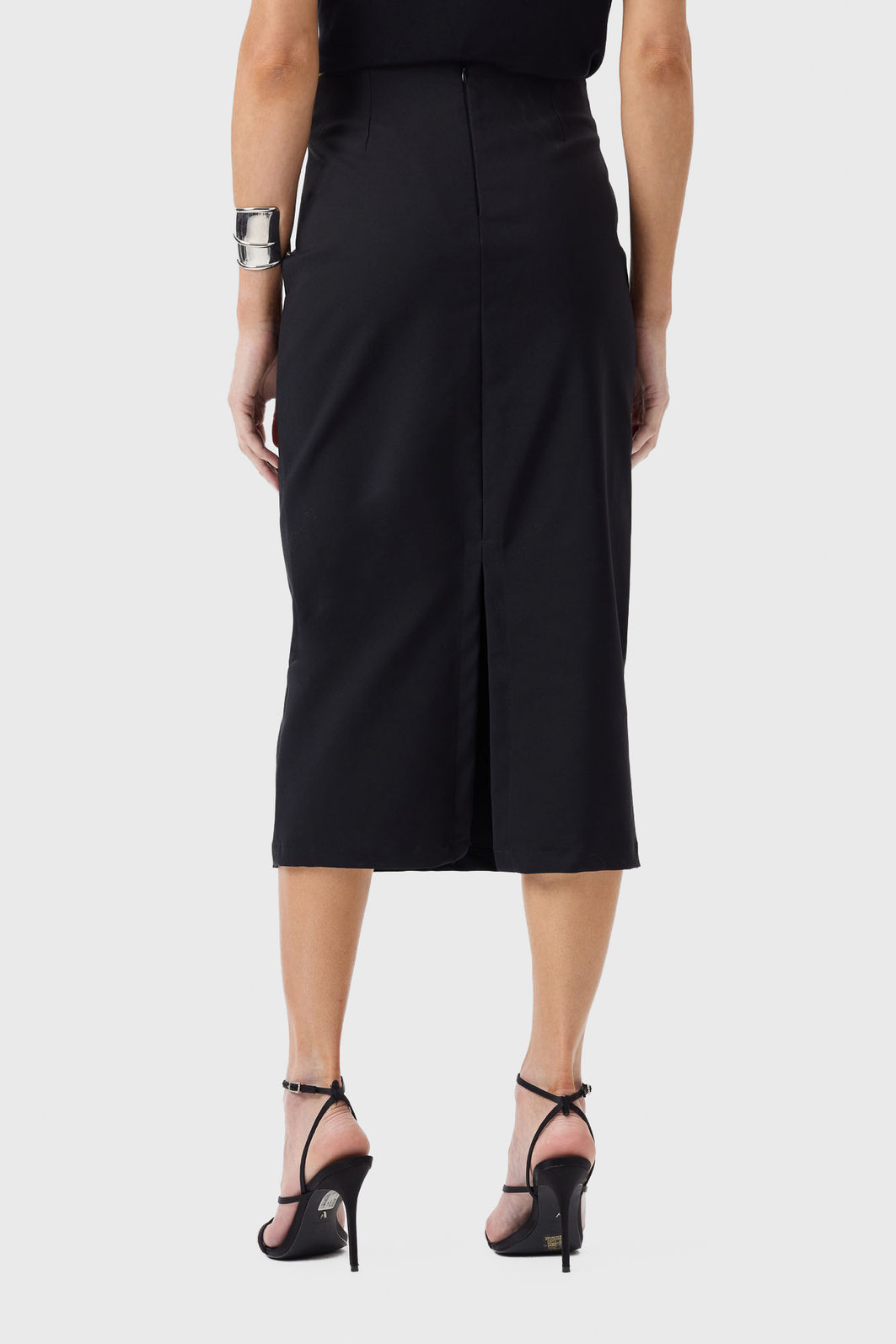 Saia Midi Flor de Lis PAE Lisa Fenda Posterior Fechamento Zíper Preto