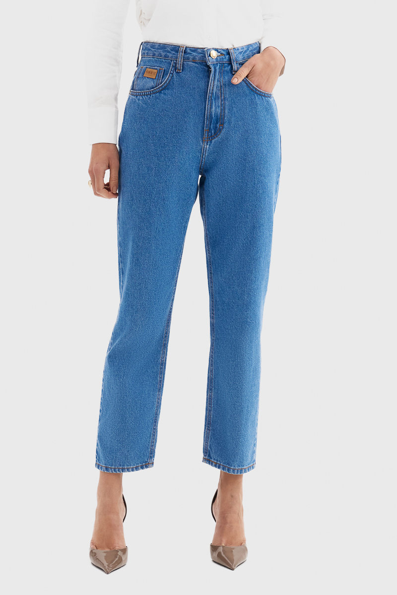 Calça Flor de Lis Cropped Algodão com Bolso Azul Médio