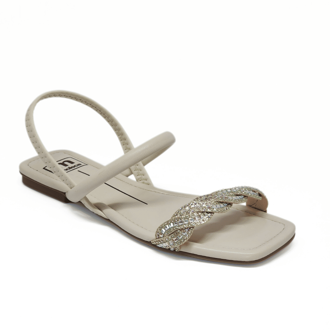 Sandália Moleca Bico Quadrado Cabedal Tira Strass Posterior Elástico Off White