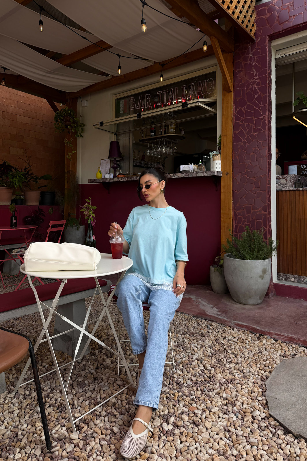 T-SHIRT OVERSIZED COM BARRA DE RENDA AZUL CANDY