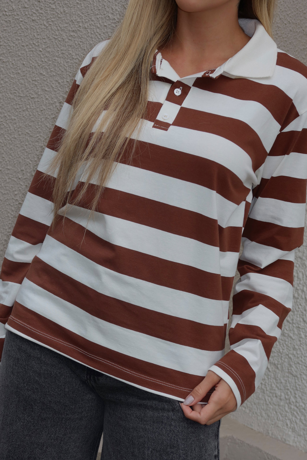 BLUSA GOLA POLO MANGA LONGA LISTRADA DIANA MARROM