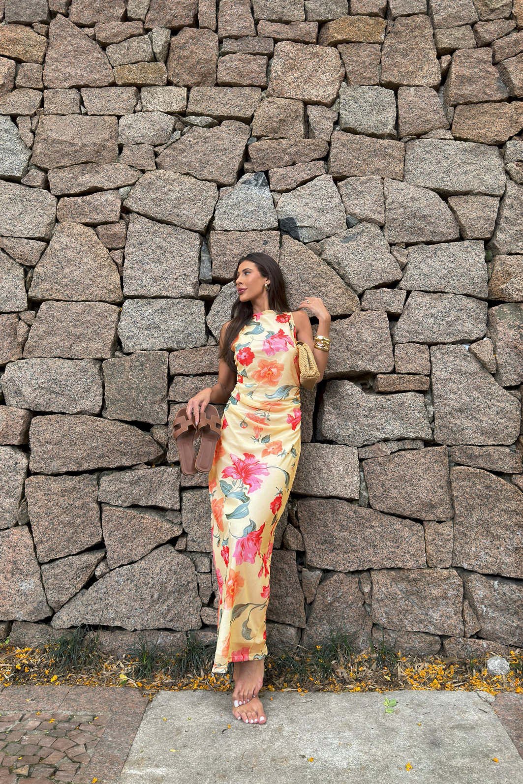 VESTIDO DE TULE FLORAL PRIMAVERA AMARELO MANTEIGA