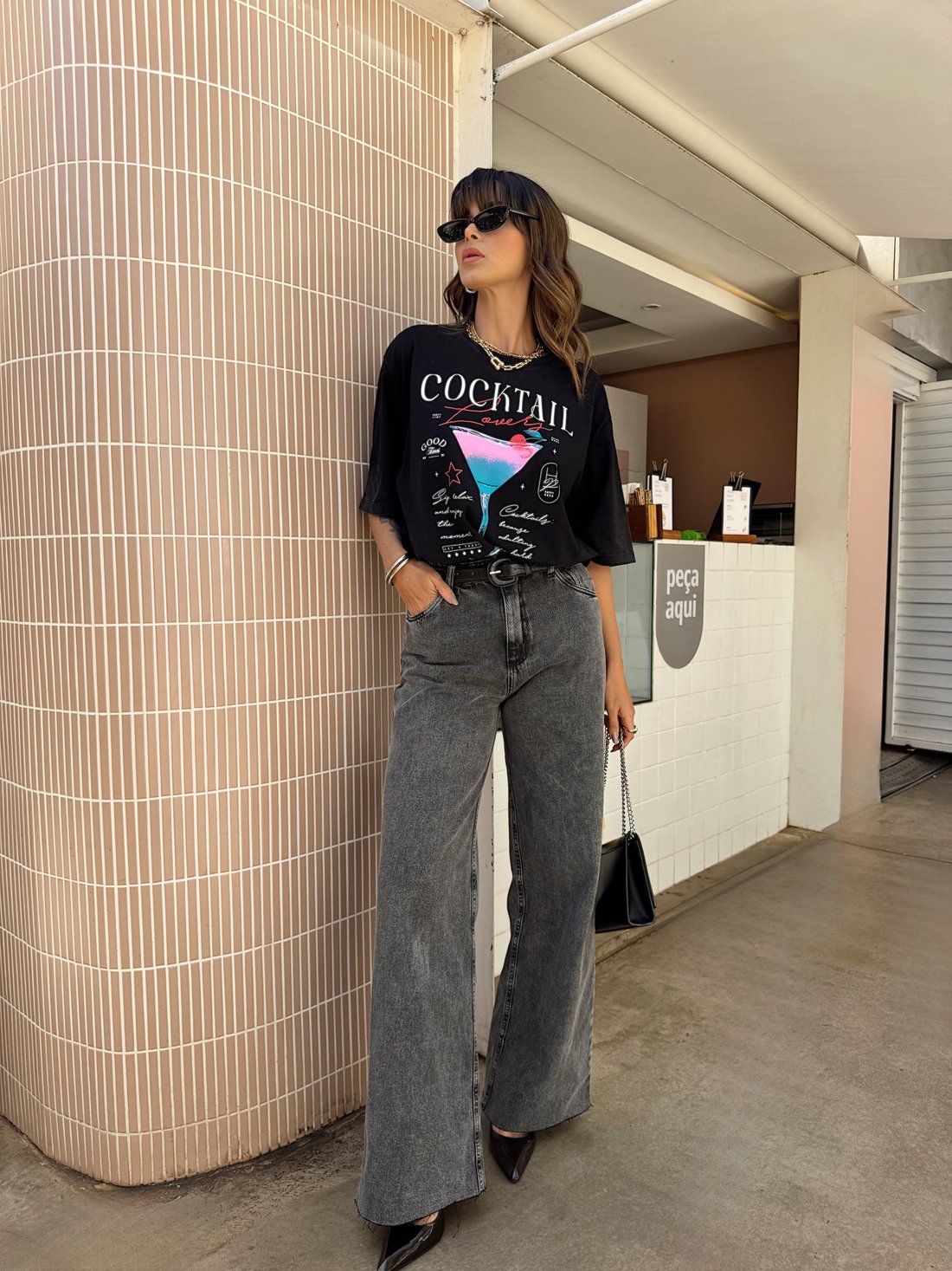 CALÇA JEANS WIDE LEG HAILEY PRETA MARMORIZADA