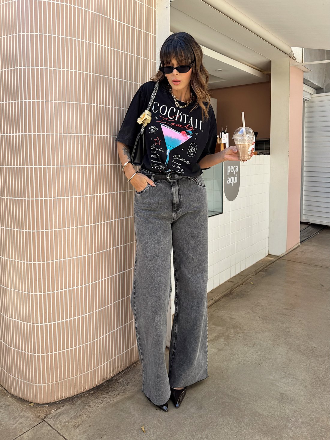 CALÇA WIDE LEG HAILEY PRETA MARMORIZADA