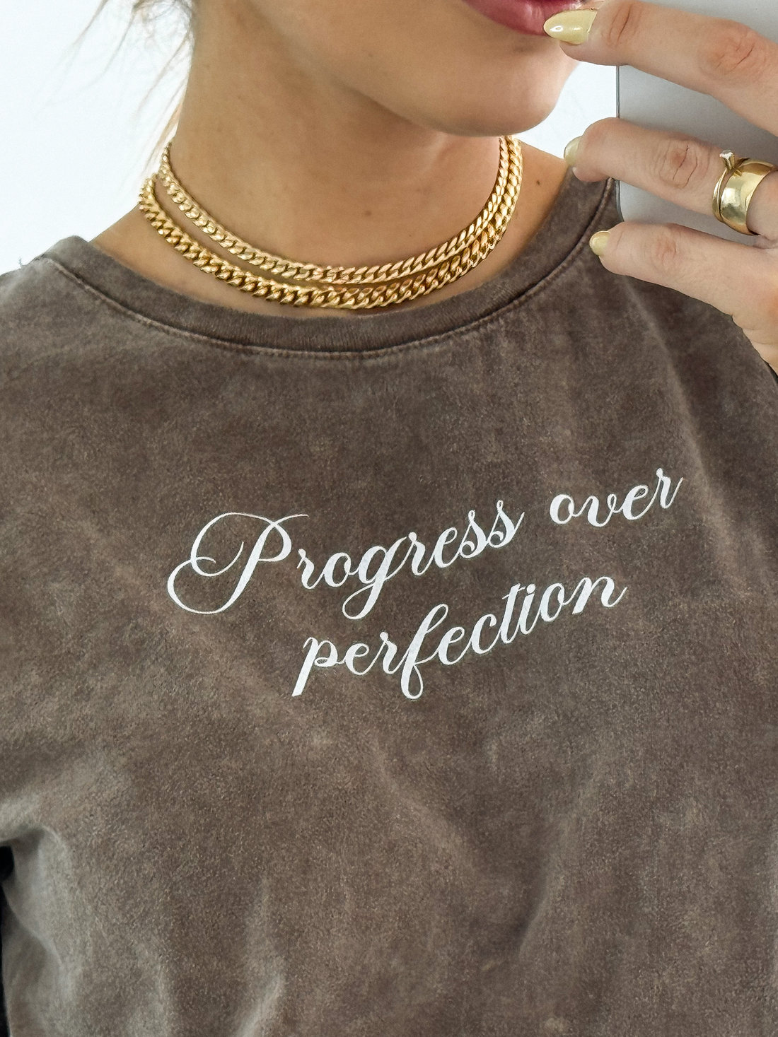 T-SHIRT ESTONADA PROGRESS PERFECTION MARROM MARMORIZADO