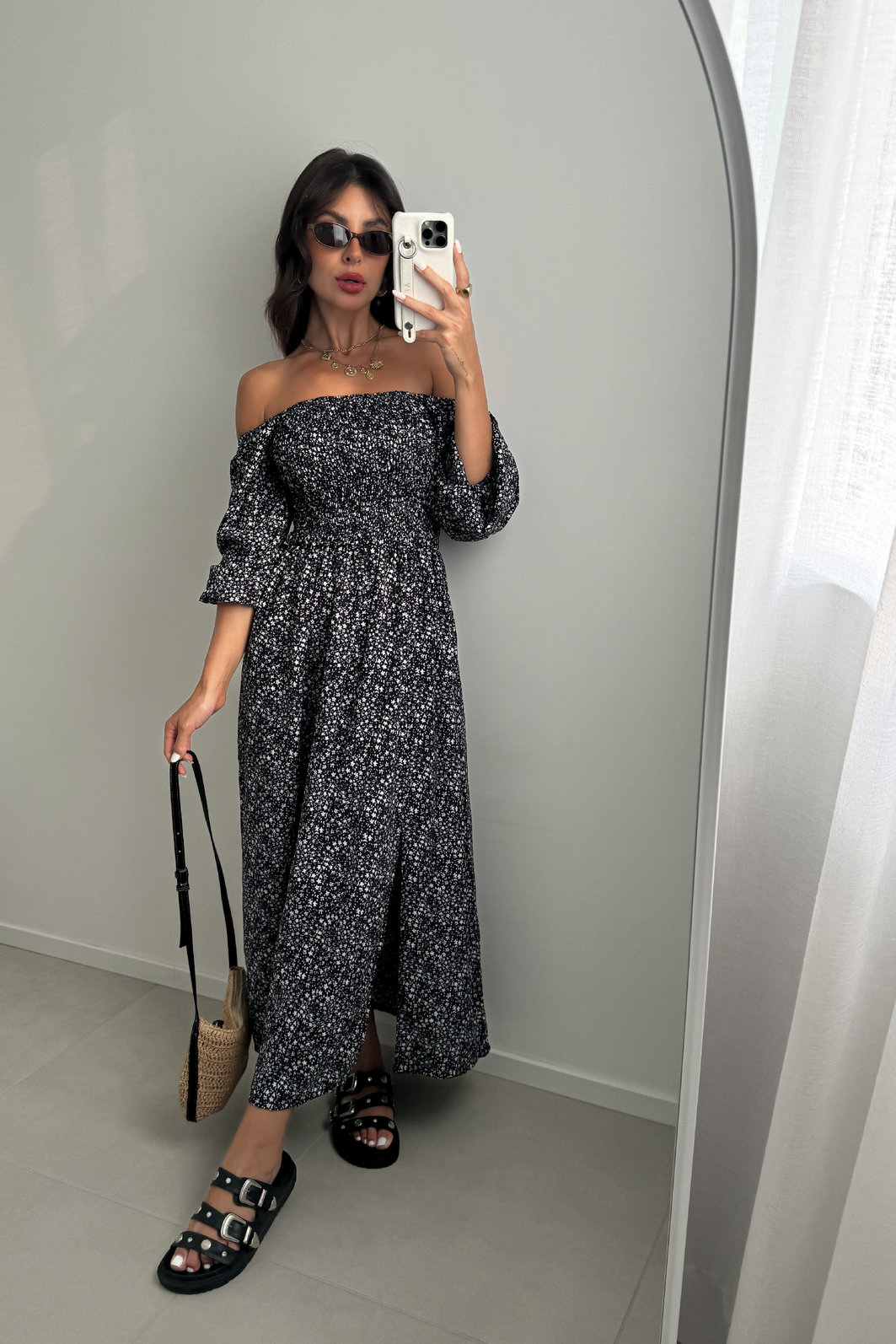 VESTIDO MIDI BARBARA FLORAL LIBERTY PRETO