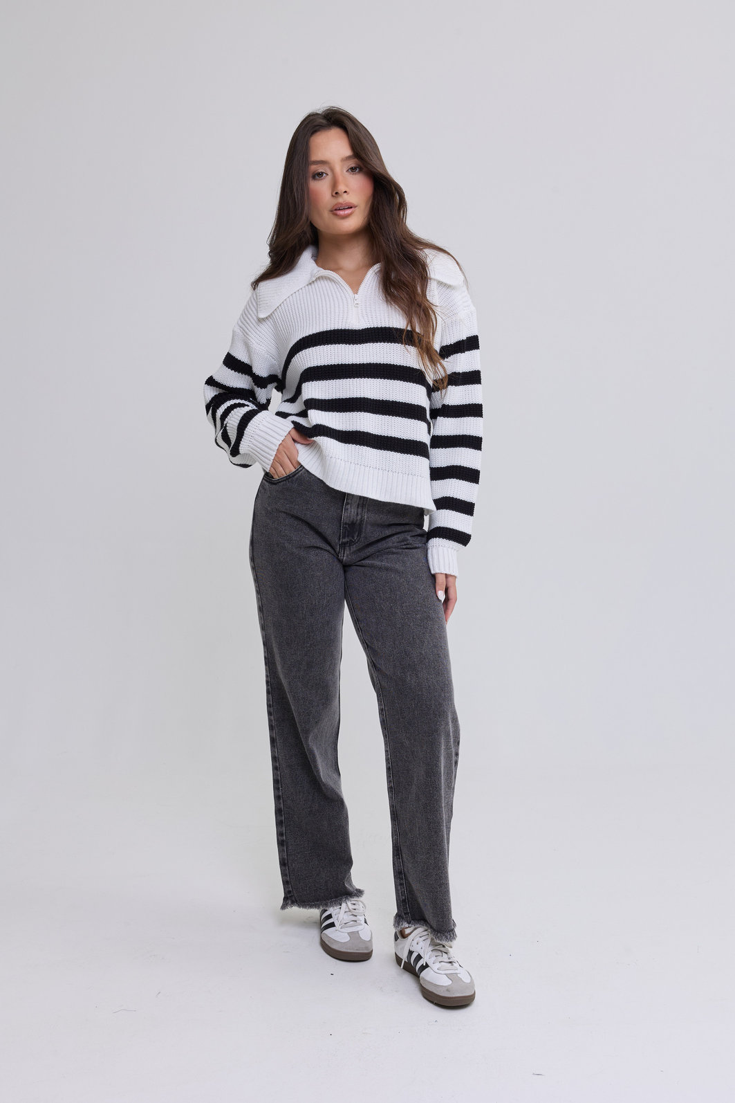 PRÉ-VENDA TRICOT COM ZÍPER MANGA LONGA LISTRADO GRACE OFF WHITE