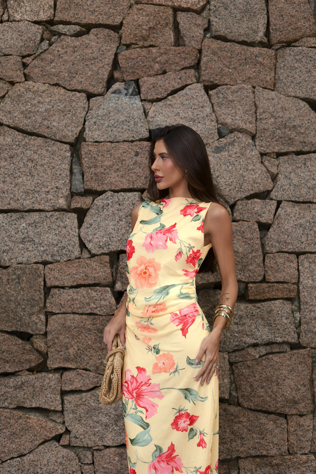 VESTIDO DE TULE FLORAL PRIMAVERA AMARELO MANTEIGA