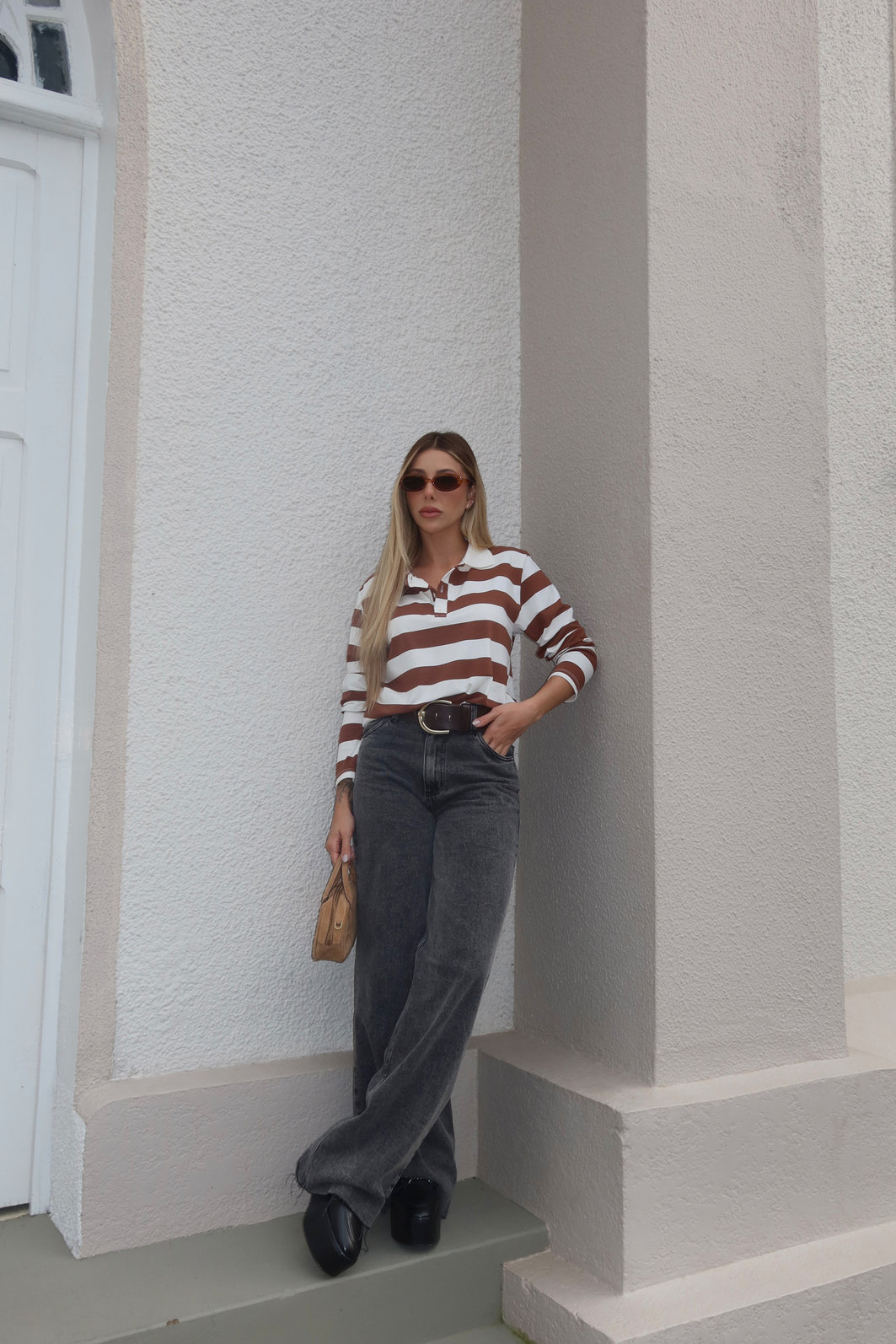BLUSA GOLA POLO MANGA LONGA LISTRADA DIANA MARROM