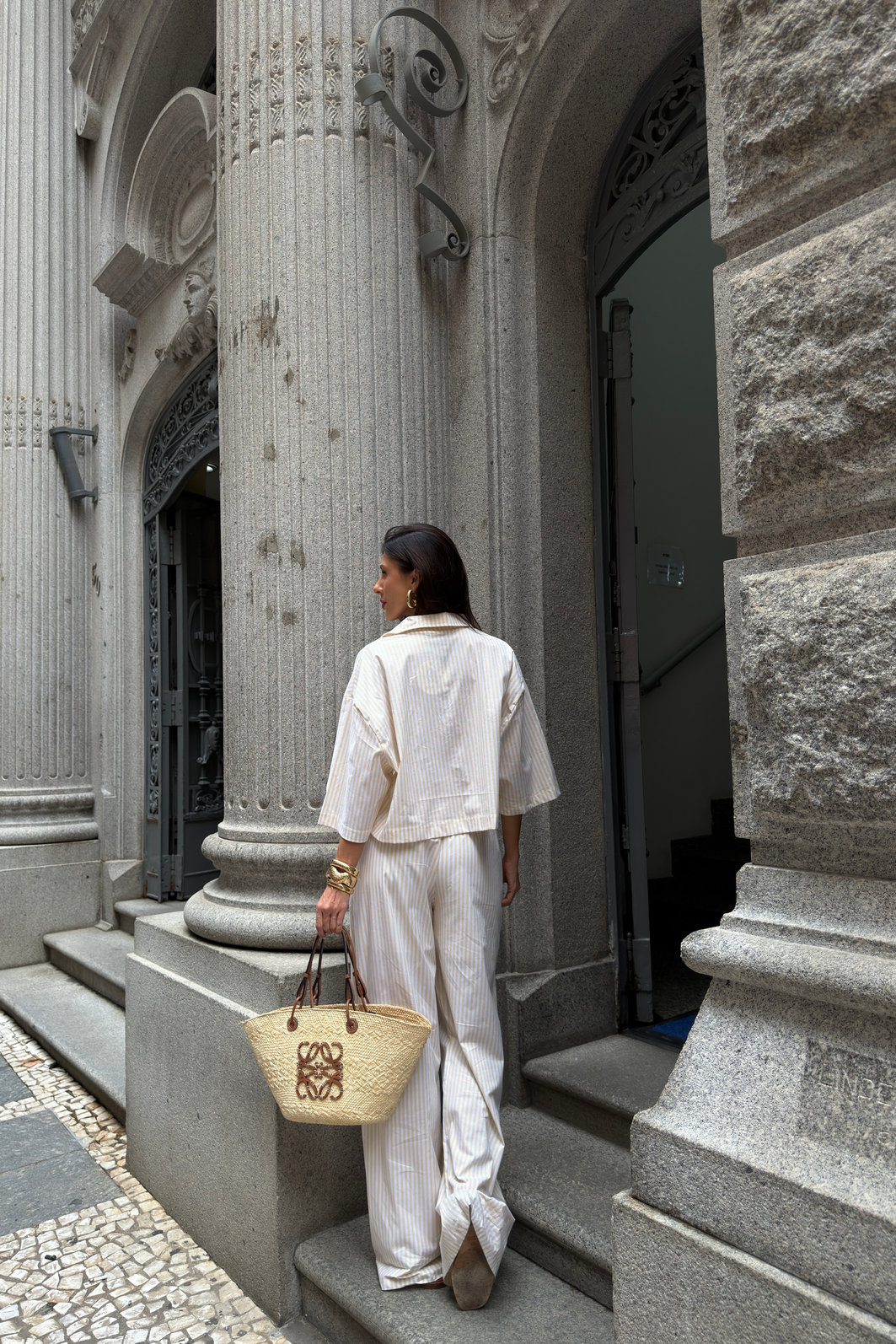 CALÇA PANTALONA LISTRADA LIA AMARELO MANTEIGA