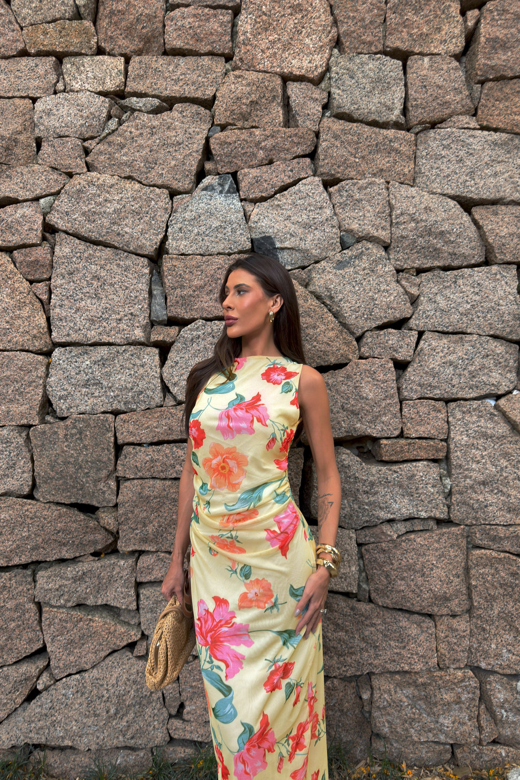 VESTIDO DE TULE FLORAL PRIMAVERA AMARELO MANTEIGA