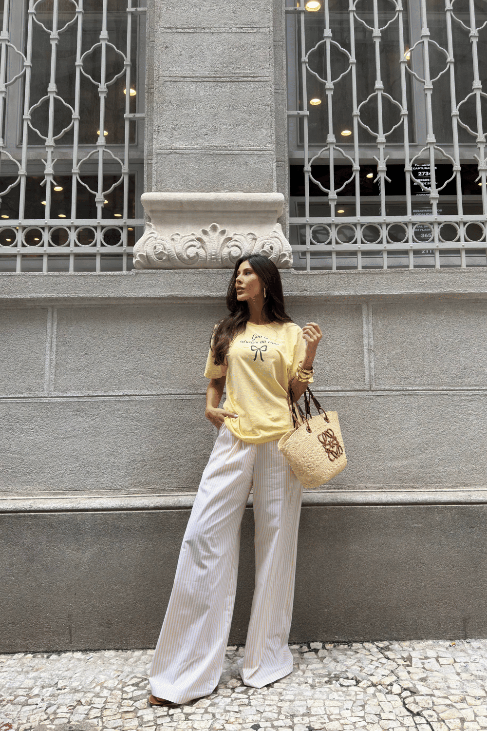 CALÇA PANTALONA LISTRADA LIA AMARELO MANTEIGA