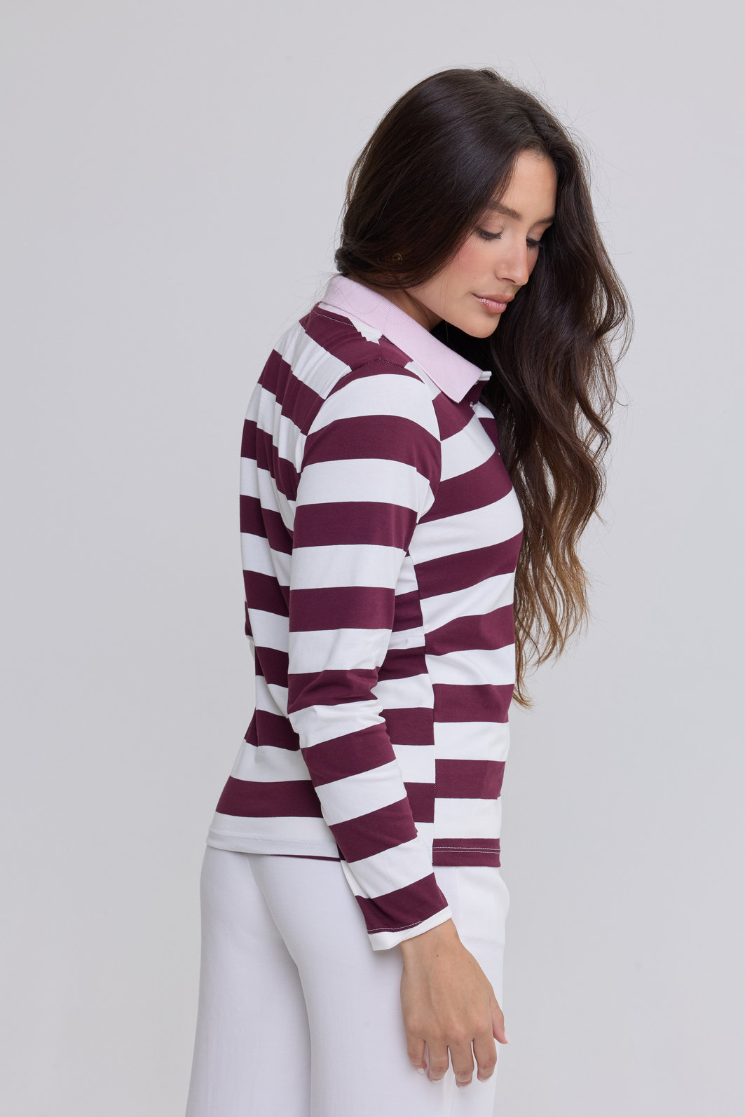 BLUSA GOLA POLO ROSA MANGA LONGA LISTRADA DIANA VINHO