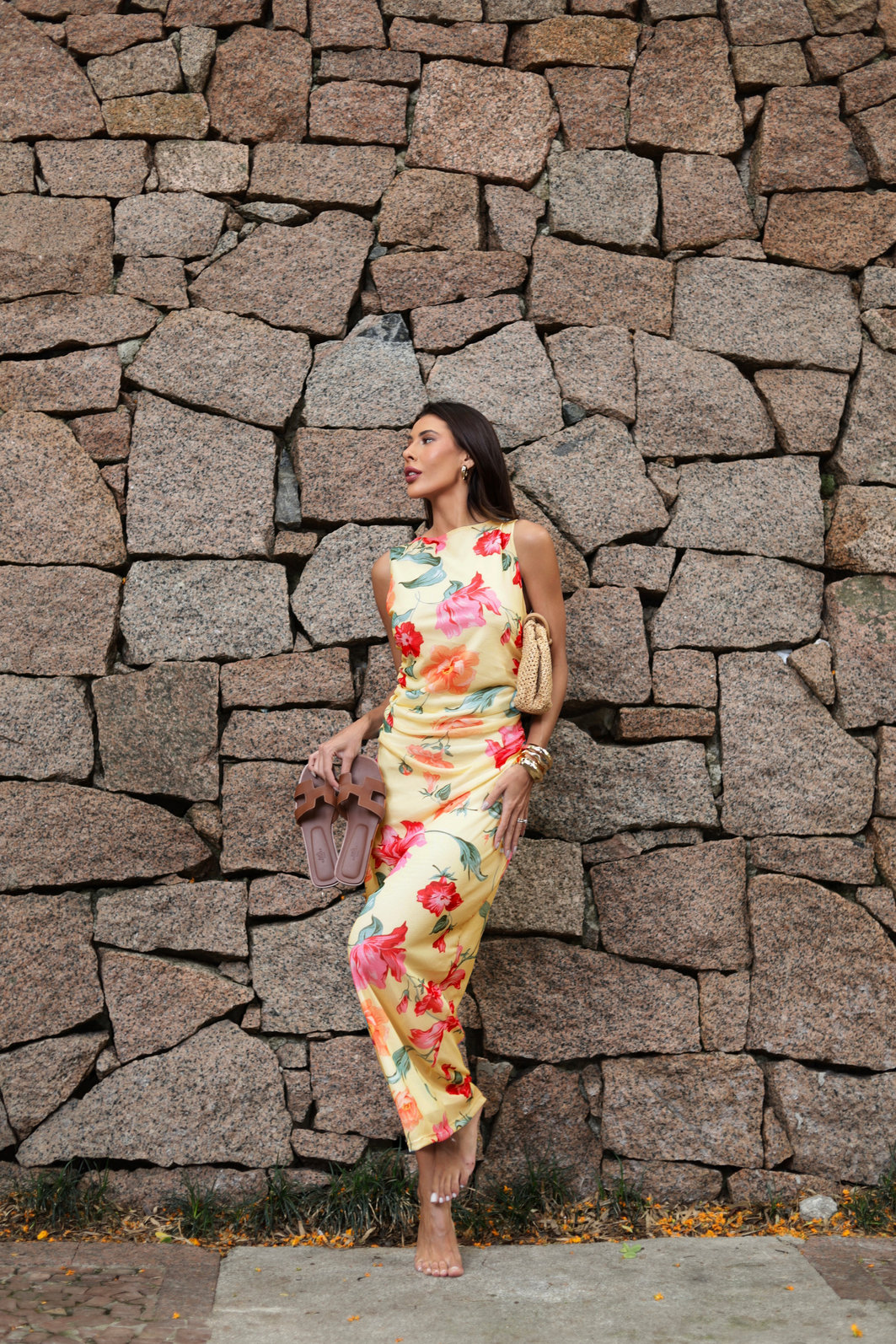 VESTIDO DE TULE FLORAL PRIMAVERA AMARELO MANTEIGA