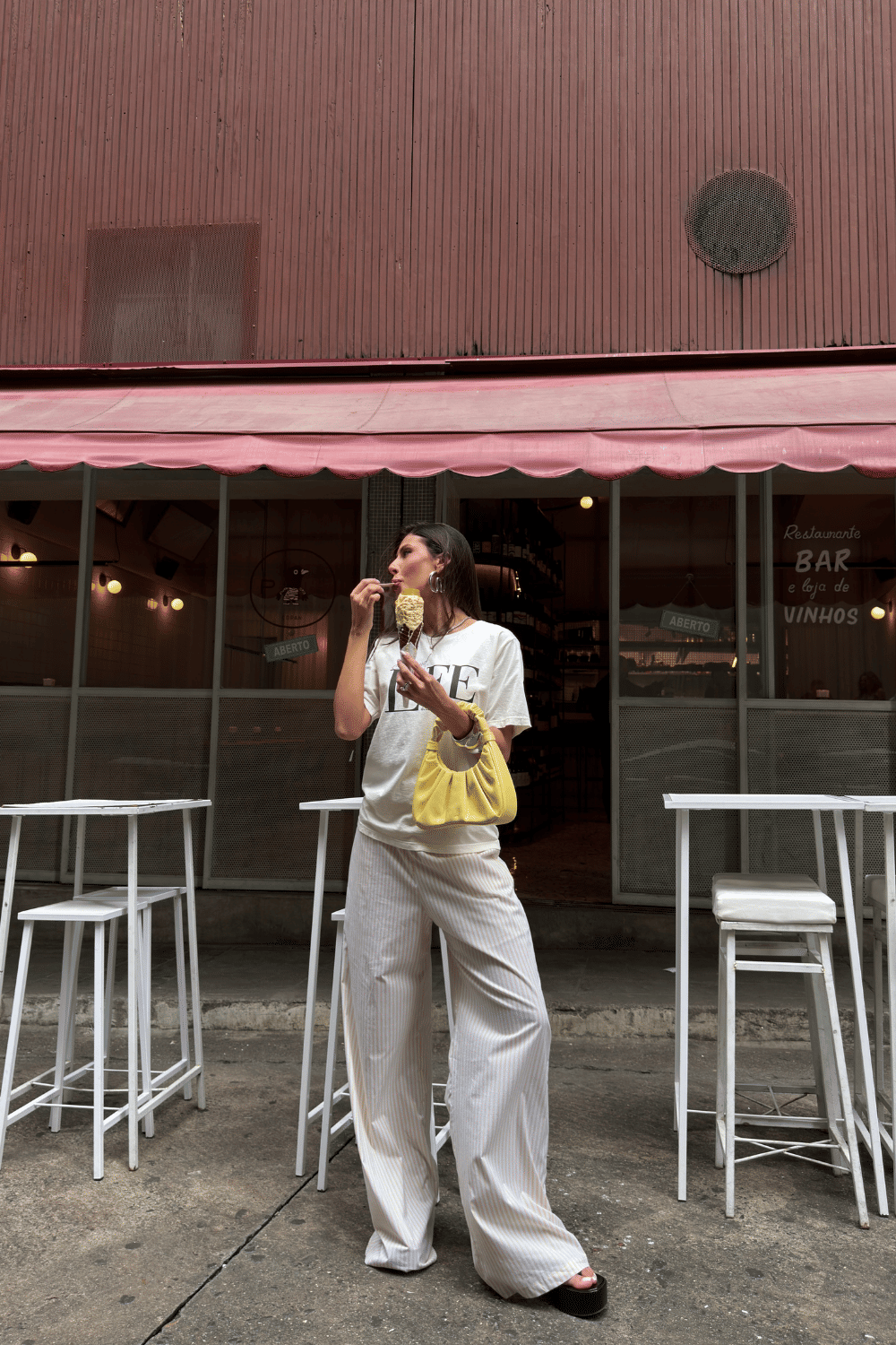 CALÇA PANTALONA LISTRADA LIA AMARELO MANTEIGA