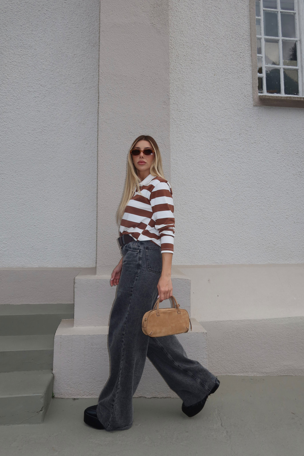 BLUSA GOLA POLO MANGA LONGA LISTRADA DIANA MARROM