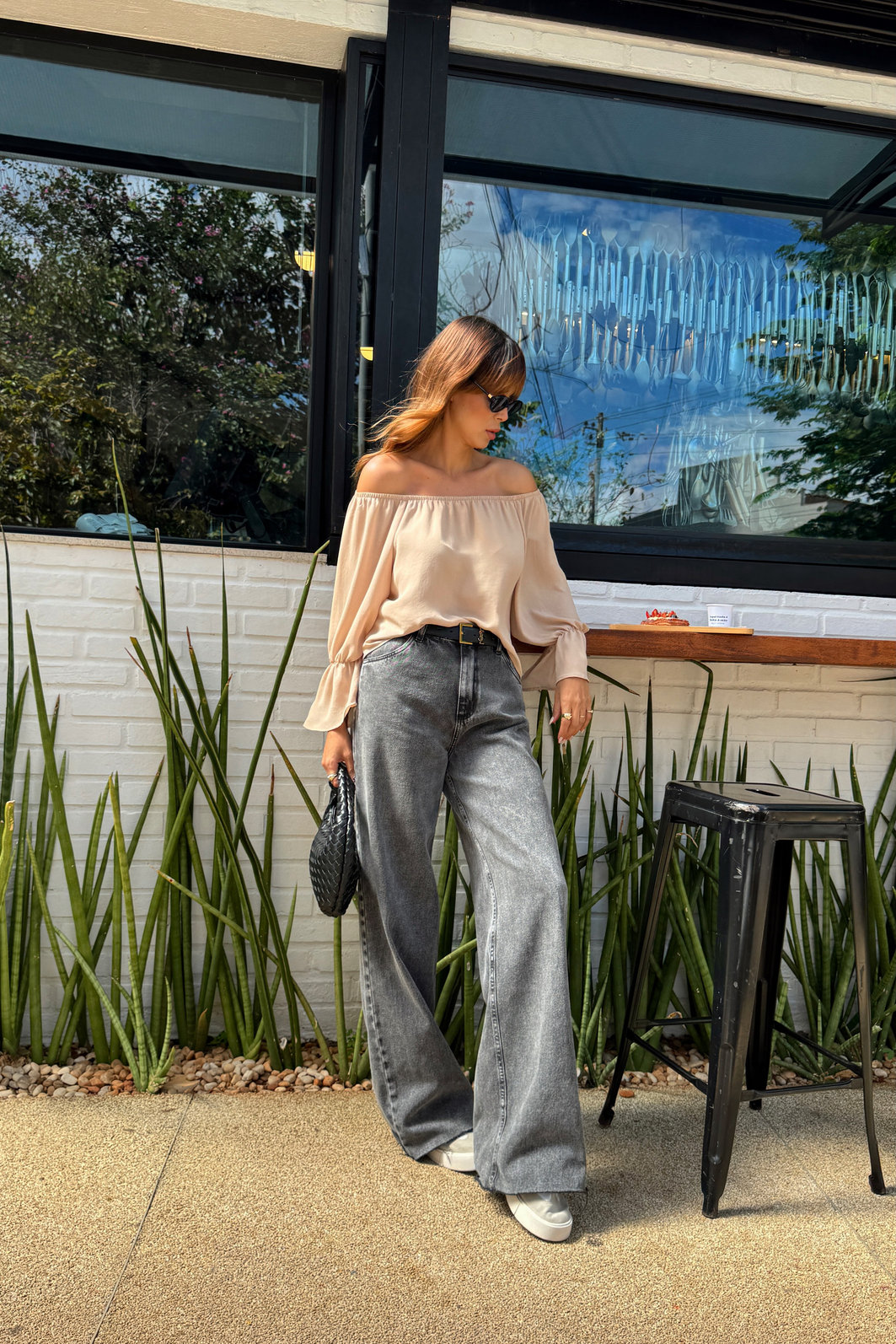 CALÇA JEANS WIDE LEG HAILEY PRETA MARMORIZADA