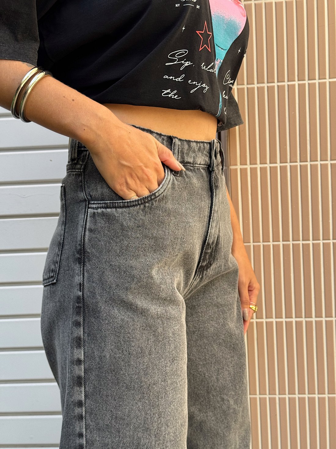CALÇA WIDE LEG HAILEY PRETA MARMORIZADA