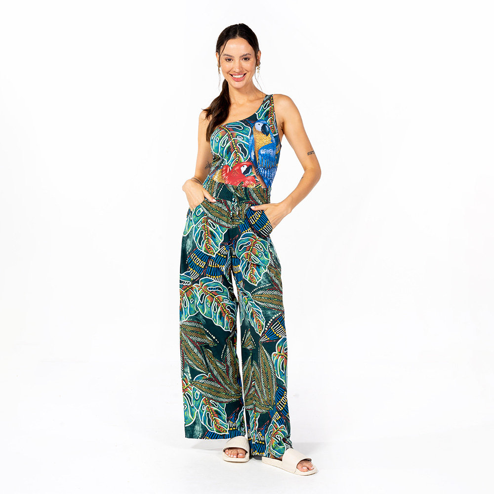 Calça Feminina Ampla Atena Estampada Araras Folhagens Etnicas Calça Feminina Ampla Atena Estampada Araras Folhagens Etnicas