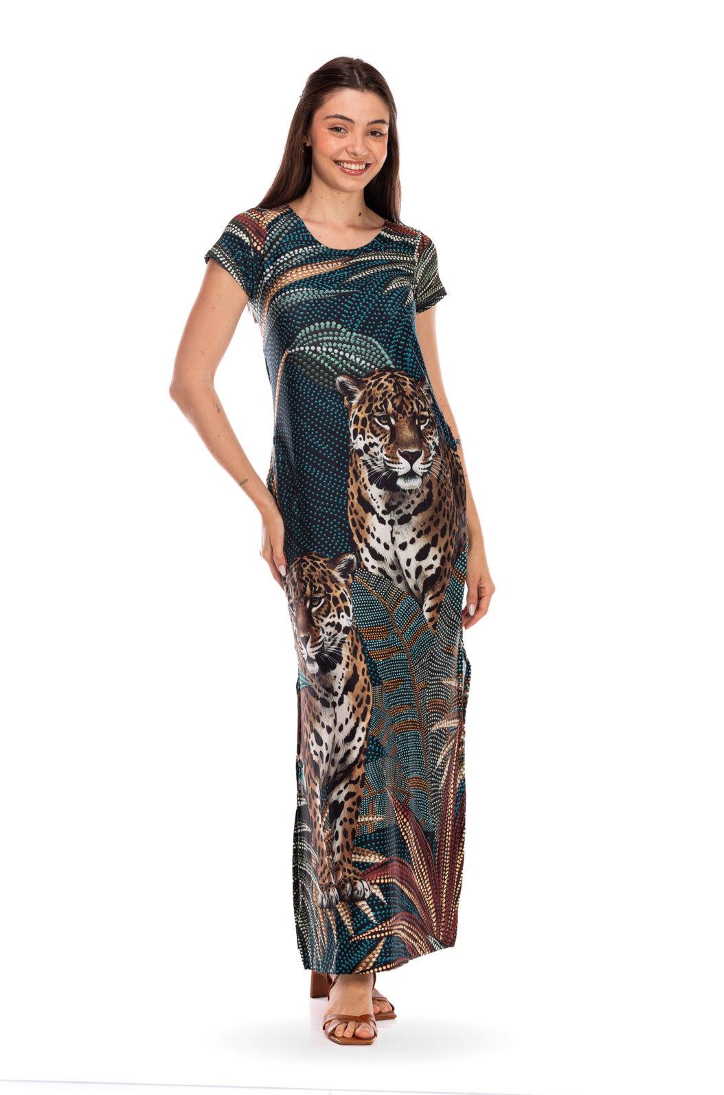 Vestido Feminino Jeri Longo New Estampado Onças Pontos de Luz Vestido Feminino Jeri Longo New Estampado Onças Pontos de Luz