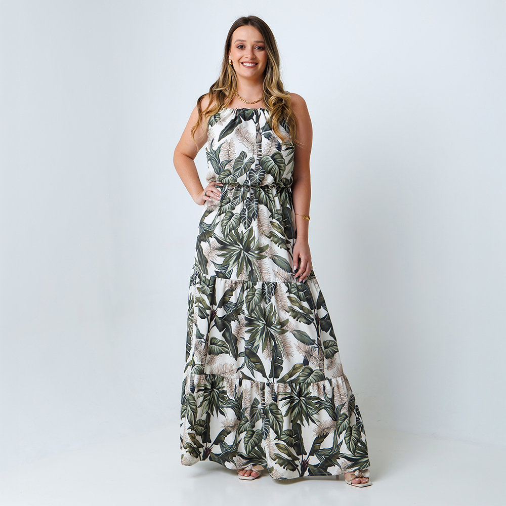 Vestido Feminino Aurora Estampado Folhagens Fundo Linho Off