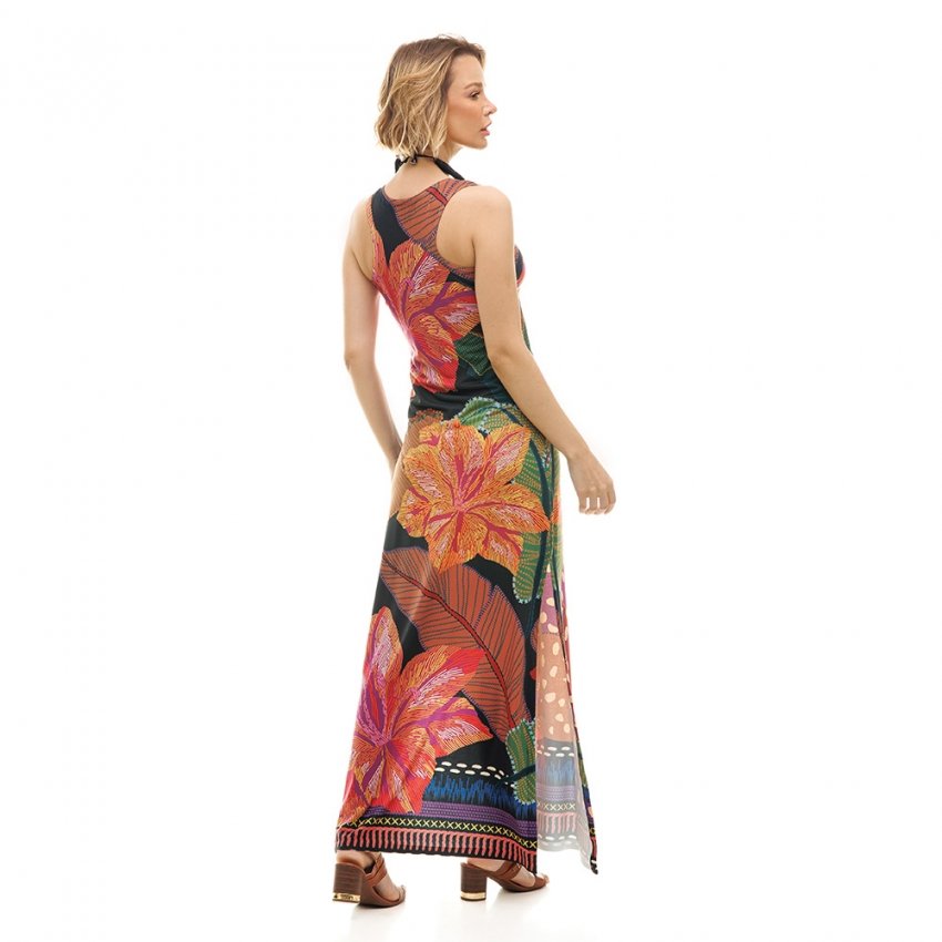 Vestido Feminino Hortência Estampado Onça Desenhada Fundo Preto