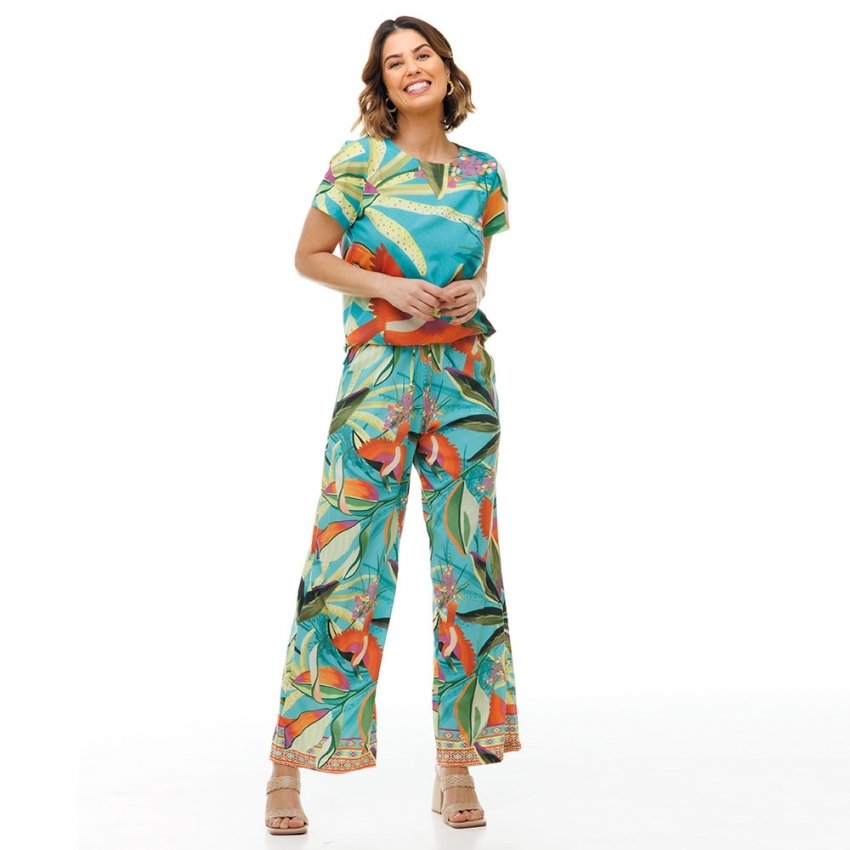 Calça Feminina Ampla Atena Estampada Tucano Fundo Turquesa Calça Feminina Ampla Atena Estampada Tucano Fundo Turquesa