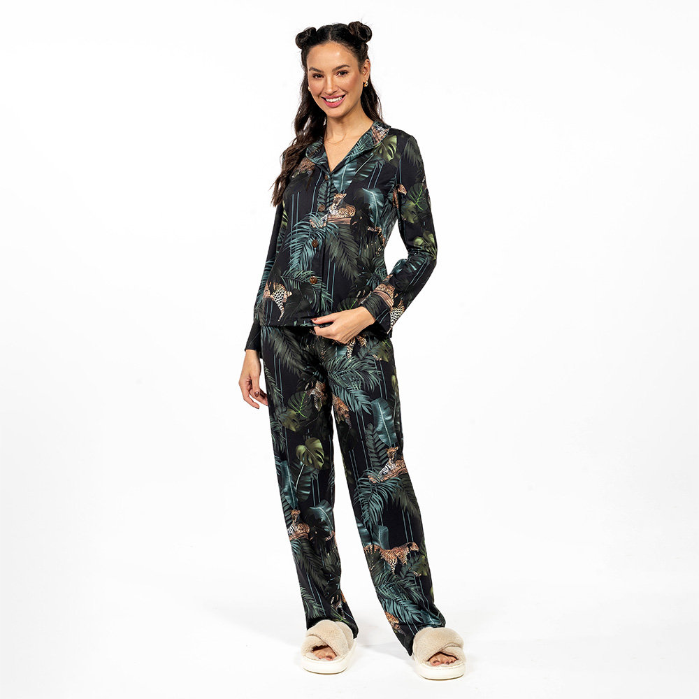 Pijama Feminino Manga Longa Americano Estampado Rapport Onça Folhagens