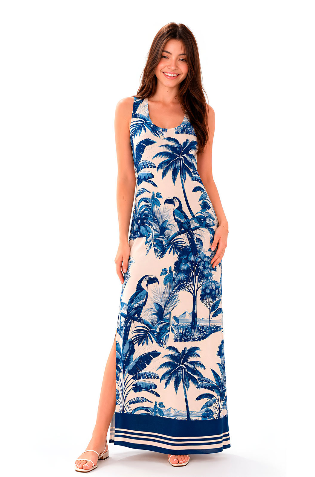 Vestido Feminino Hortência Estampado Tucano Paisagem Tons de Azul Vestido Feminino Hortência Estampado Tucano Paisagem Tons de Azul