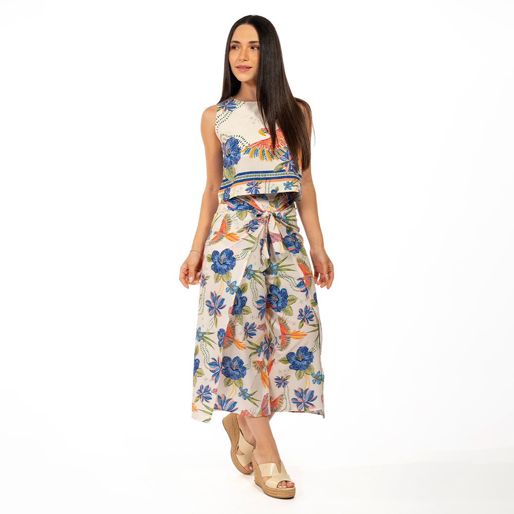 Cropped Atena Estampado Pássaros e Flores Bordado