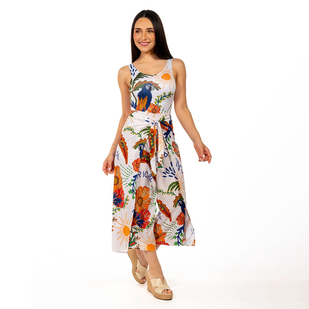 Calça Feminina Transpassada Estampada Arara Tropical Bordado Calça Feminina Transpassada Estampada Arara Tropical Bordado