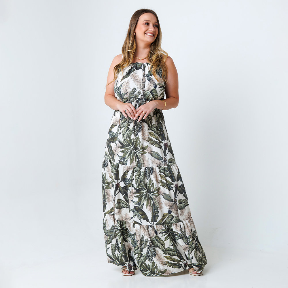 Vestido Feminino Aurora Estampado Folhagens Fundo Linho Off