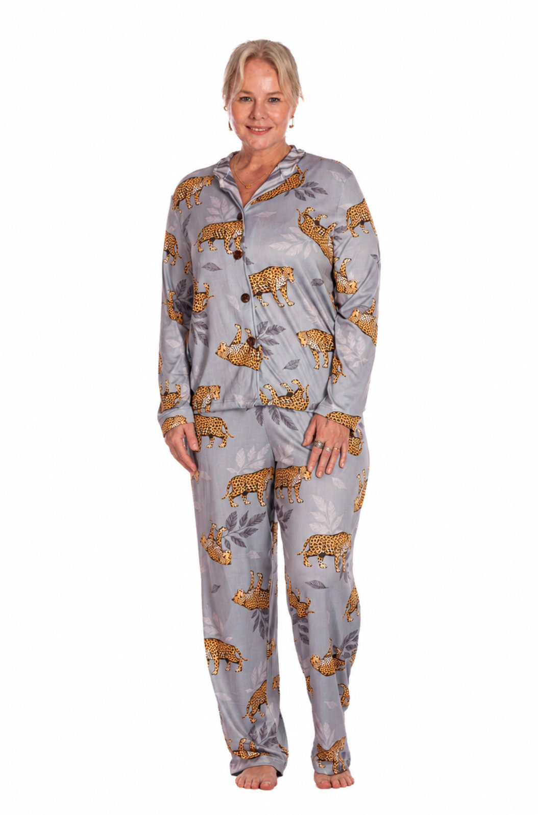 Pijama Feminino Manga Longa Americano Estampado Onça Listras Folhas Pijama Feminino Manga Longa Americano Estampado Onça Listras Folhas
