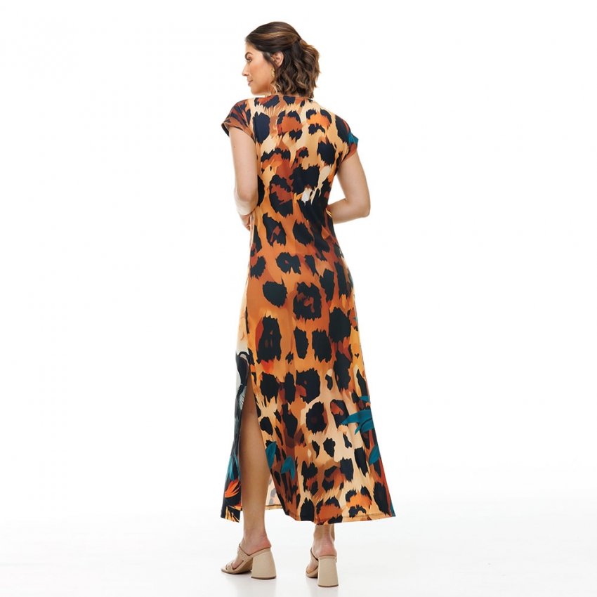 Vestido Feminino Jeri Longo New Estampado Cara Onça Folhagem Sepia Vestido Feminino Jeri Longo New Estampado Cara Onça Folhagem Sepia