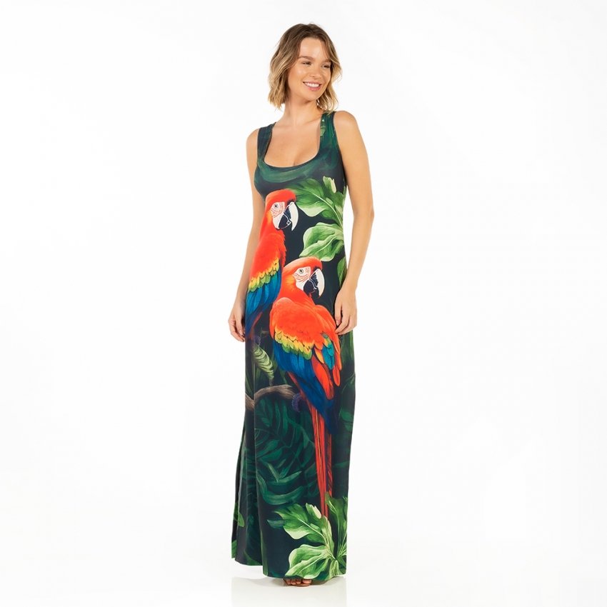 Vestido Feminino Hortência Estampado Casal Araras Fundo Folhagem Vestido Feminino Hortência Estampado Casal Araras Fundo Folhagem