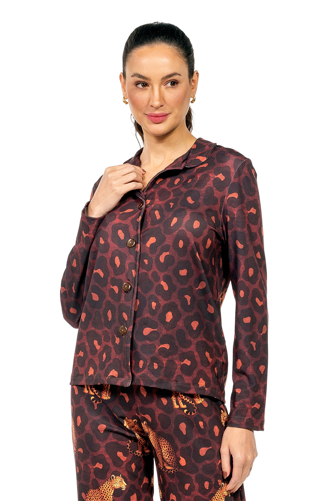 Pijama Feminino Manga Longa Americano Estampado Onças Animal Print Pijama Feminino Manga Longa Americano Estampado Onças Animal Print