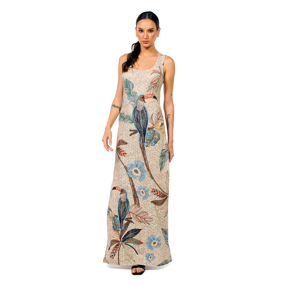Vestido Feminino Hortência Estampado Tucaninhos Bordados