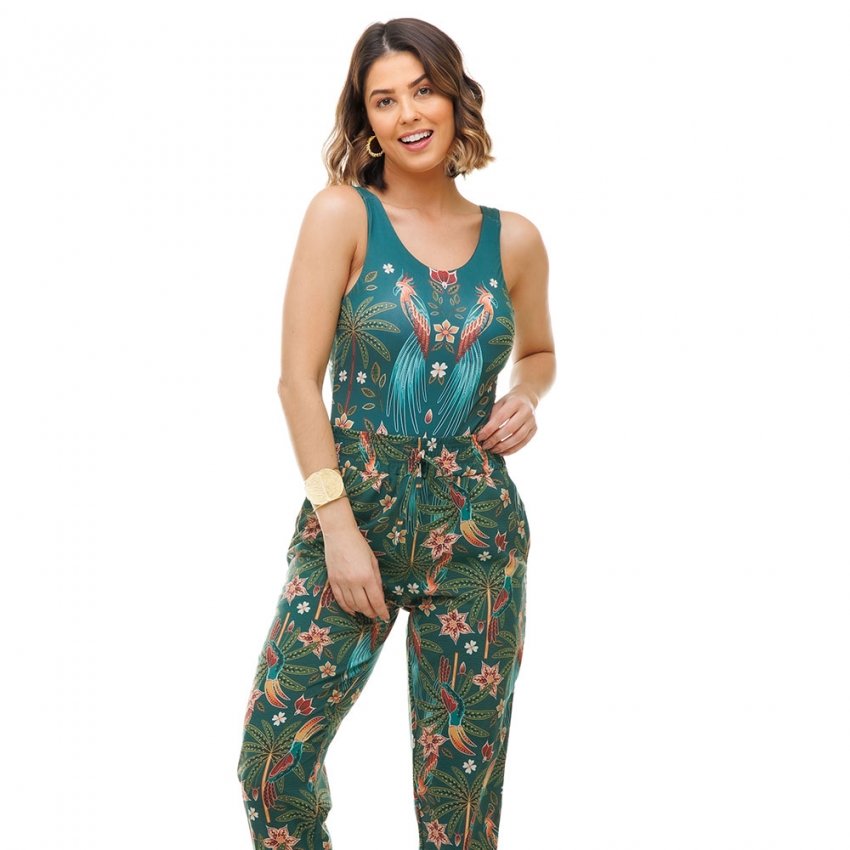 Body Feminino Regata Estampado Pássaros Flores Fundo Verde