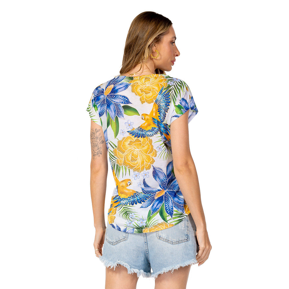 Blusa Jasmim Estampada Araras Flores Cores Brasil