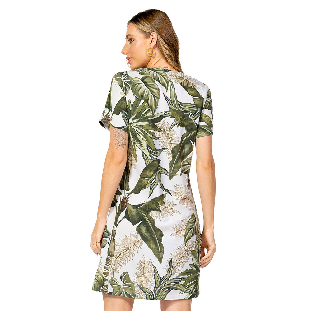 Vestido Feminino Atena Curto Estampado Folhagens Fundo Linho Off Vestido Feminino Atena Curto Estampado Folhagens Fundo Linho Off