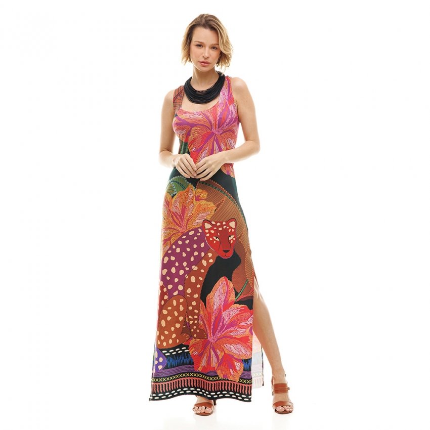 Vestido Feminino Hortência Estampado Onça Desenhada Fundo Preto