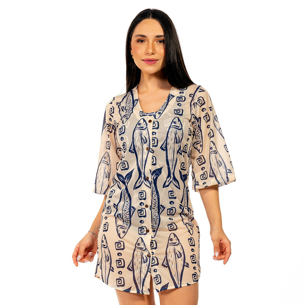 Saída de Praia Chemise Alongada Estampada Maxi Peixes Fundo Off Saída de Praia Chemise Alongada Estampada Maxi Peixes Fundo Off