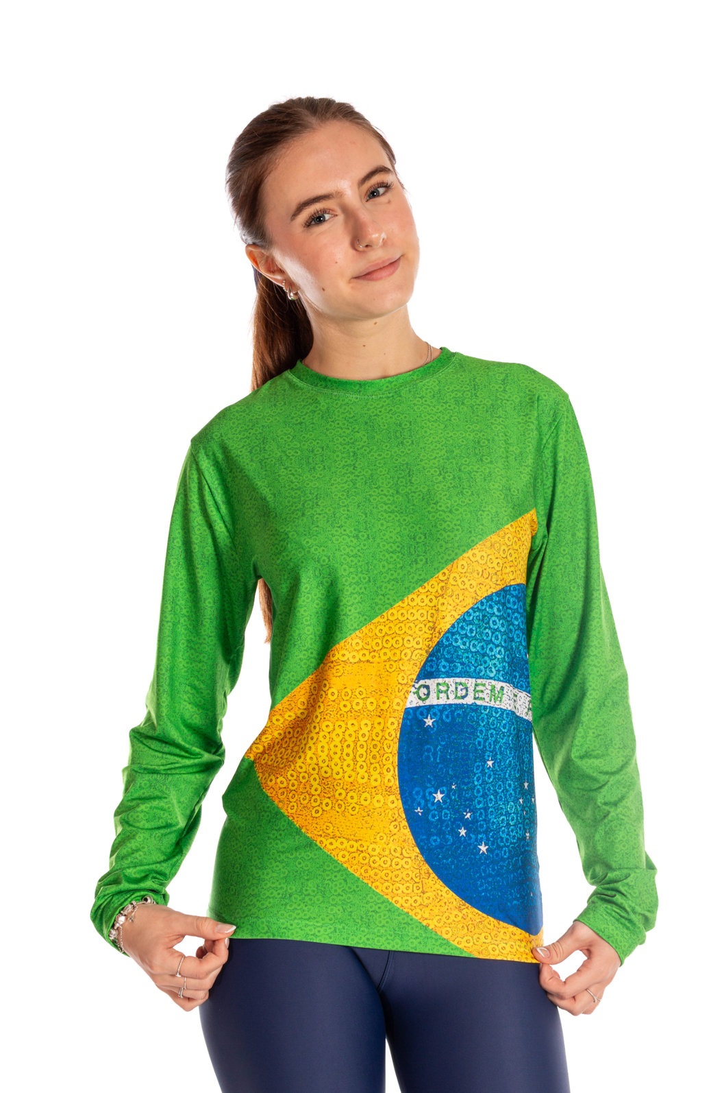 Camiseta Uv Manga Longa Unissex Estampada Meia Bandeira Paetê Camiseta Uv Manga Longa Unissex Estampada Meia Bandeira Paetê