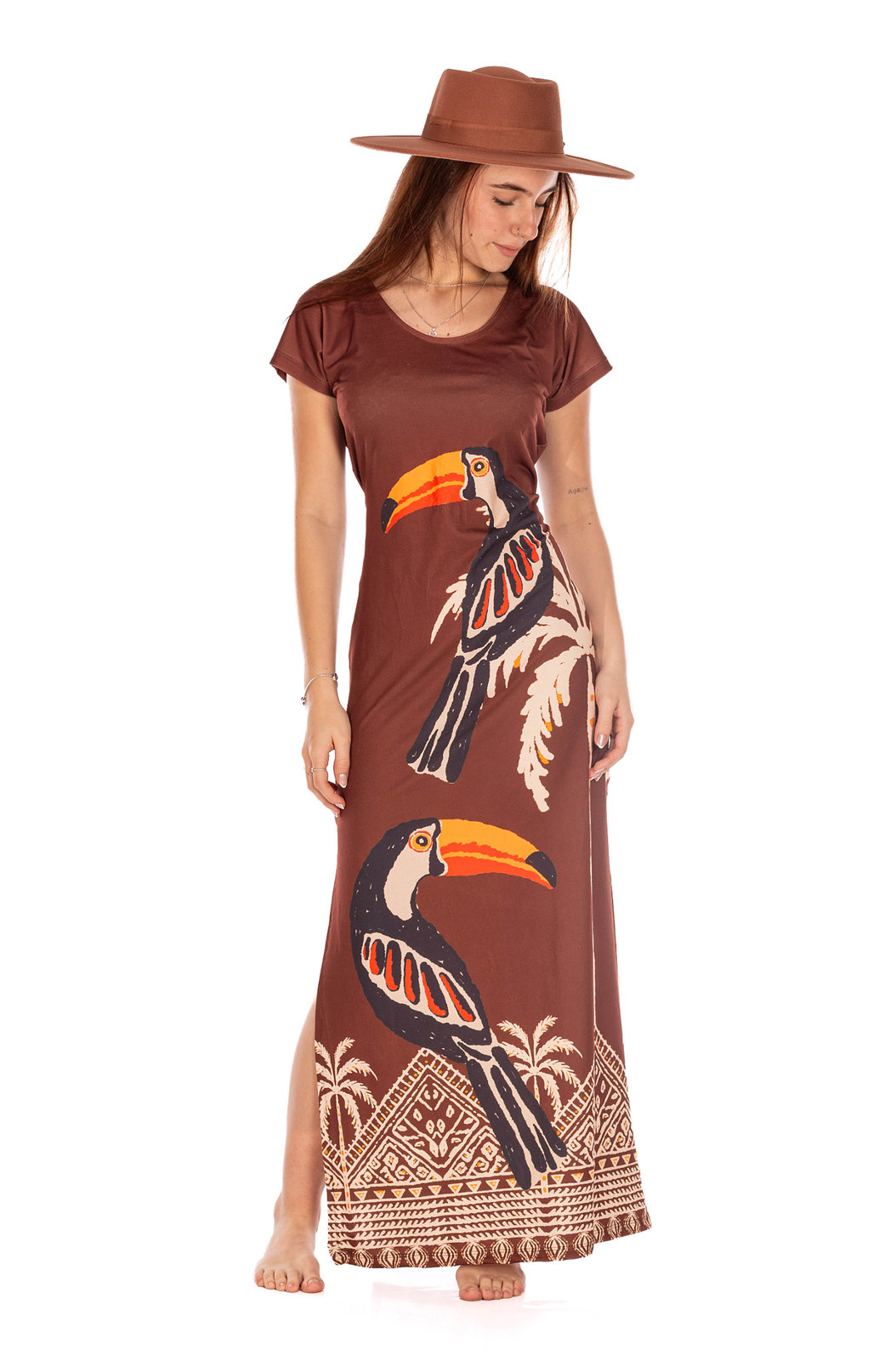 Vestido Feminino Jeri Longo New Estampado Tucano Desenhos Étnicos Vestido Feminino Jeri Longo New Estampado Tucano Desenhos Étnicos