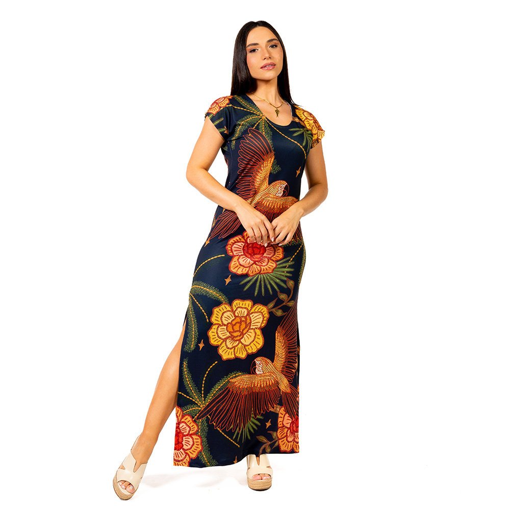 Vestido Feminino Jeri Longo New Estampado Tucano Barra Noite Fundo Azul Vestido Feminino Jeri Longo New Estampado Tucano Barra Noite Fundo Azul
