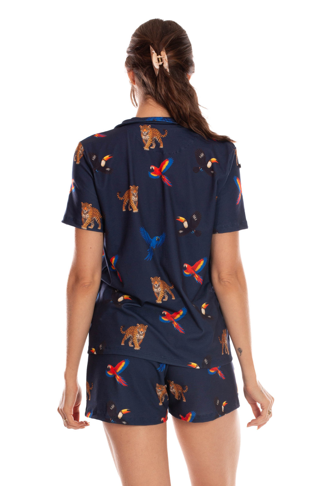 Pijama Feminino Manga Curta Americano Estampado Fauna Brasil Marinho Pijama Feminino Manga Curta Americano Estampado Fauna Brasil Marinho